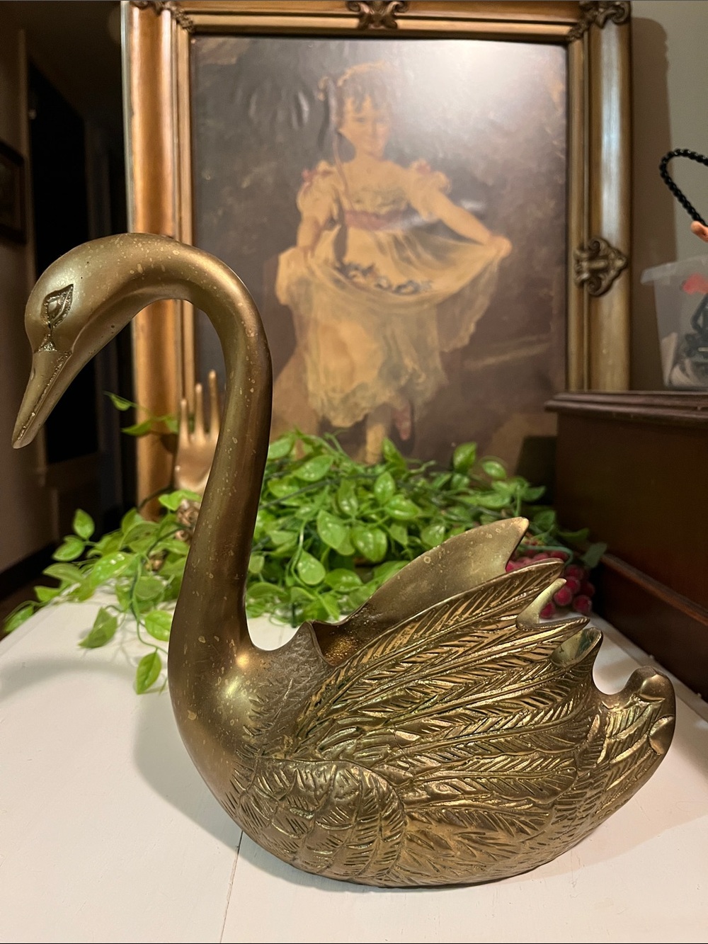 MCM Brass Swan Planter - Heavy Solid - Vintage - Ornate - Gorgeous